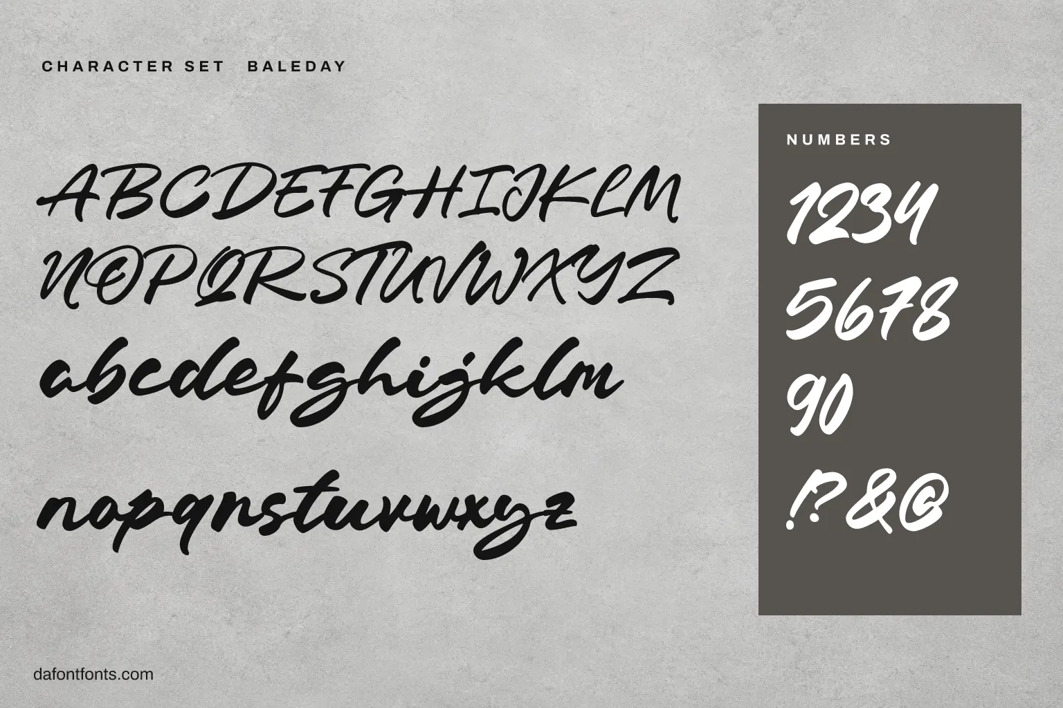 Baleday character set: capitals, lowercase, numbers and ! ? & @