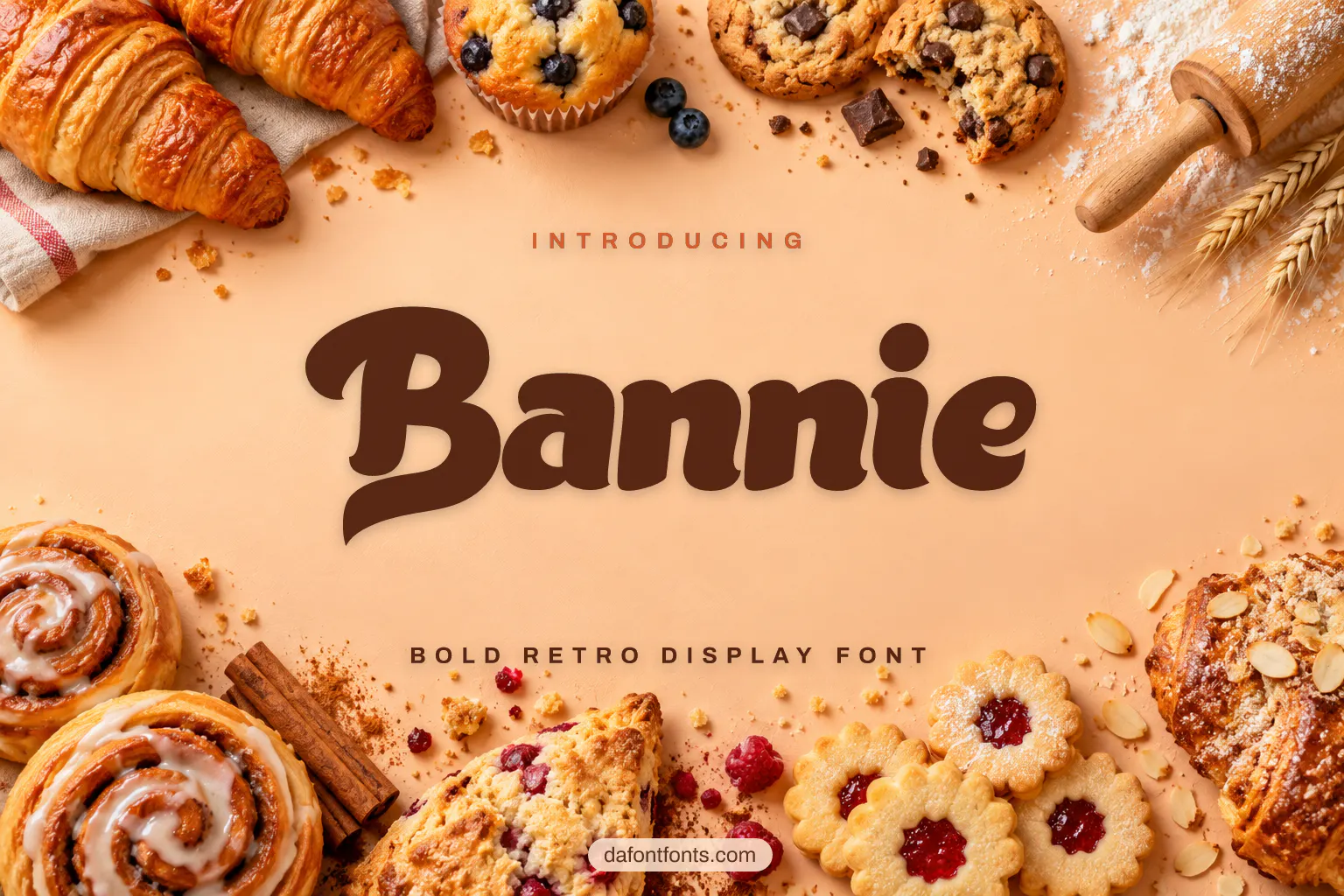 Bannie font poster: bold brown letters on a peach background with pastries