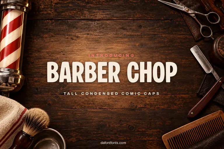 Barber Chop font poster: black condensed caps on a vintage barbershop background