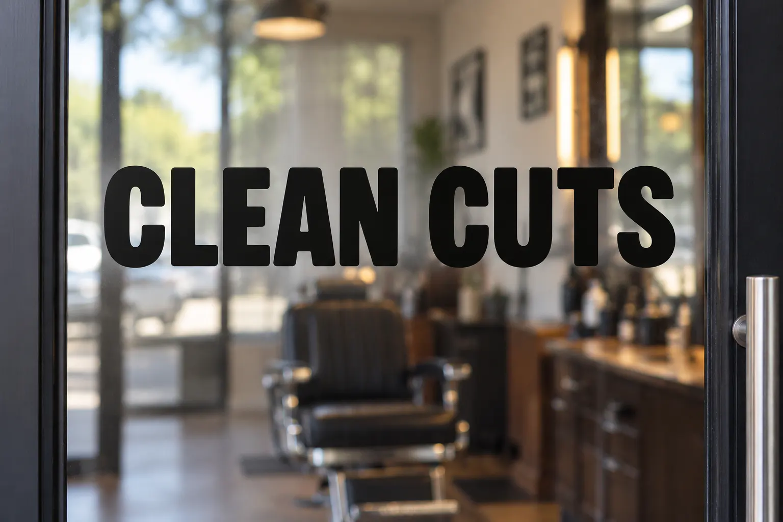 Barber Chop font on a barbershop door reading CLEAN CUTS