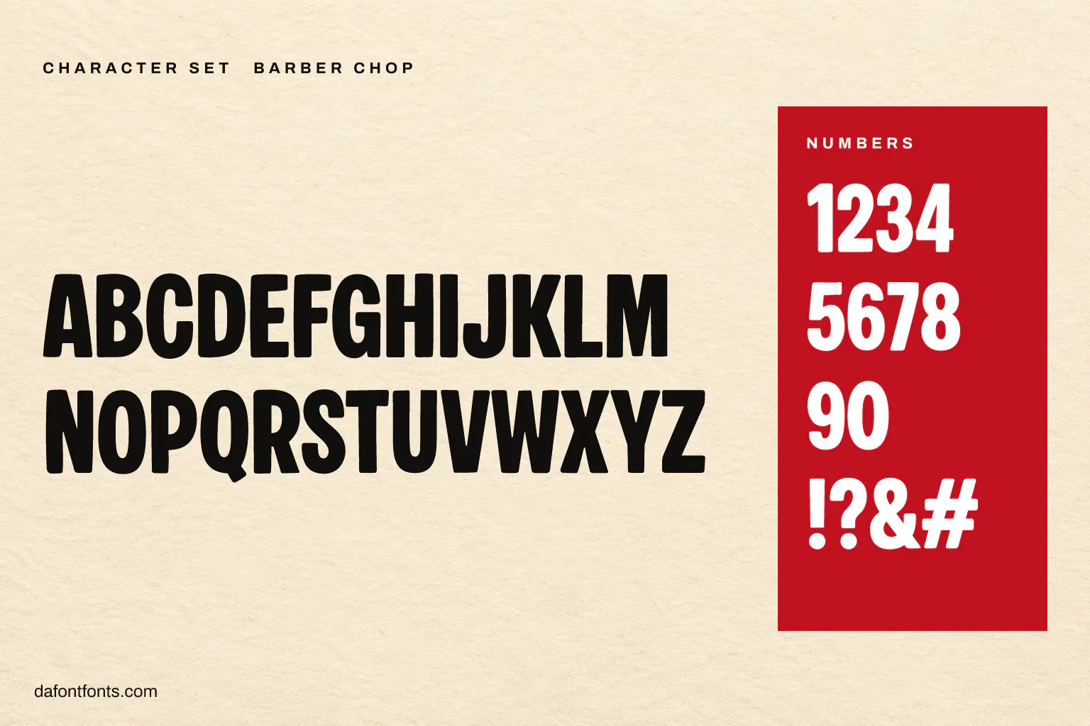 Barber Chop character set: capitals, numbers and ! ? & #