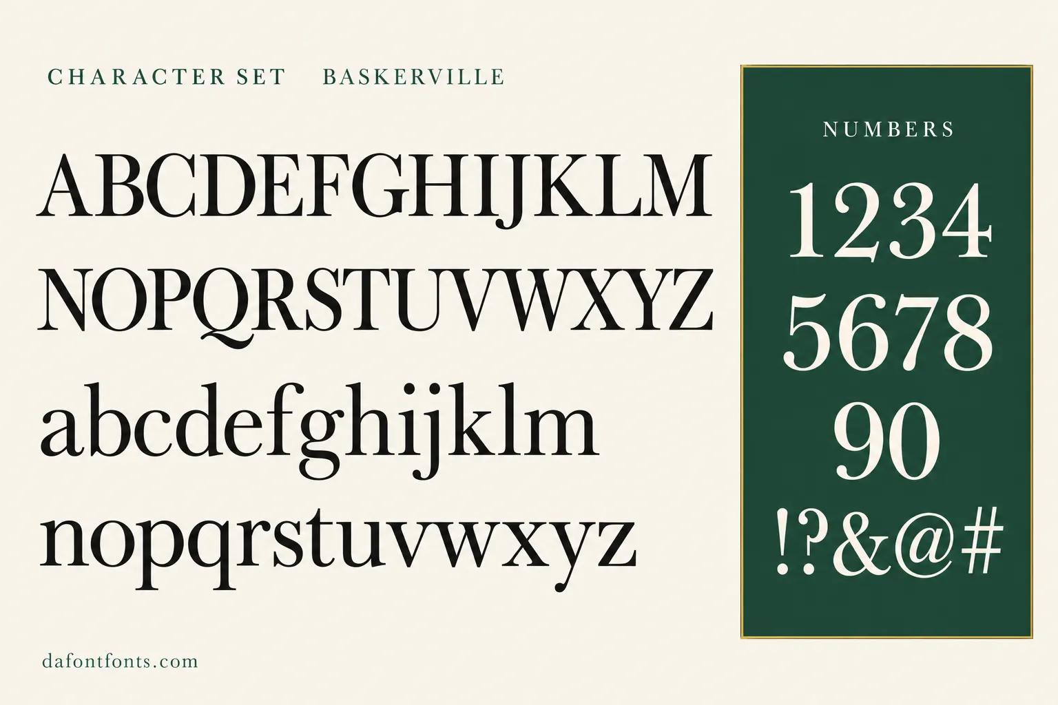 Baskerville style character set: uppercase and lowercase alphabet, numbers and symbols