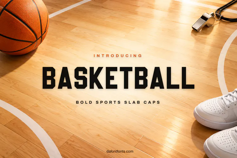 Basketball font poster: black slab caps on a basketball court background