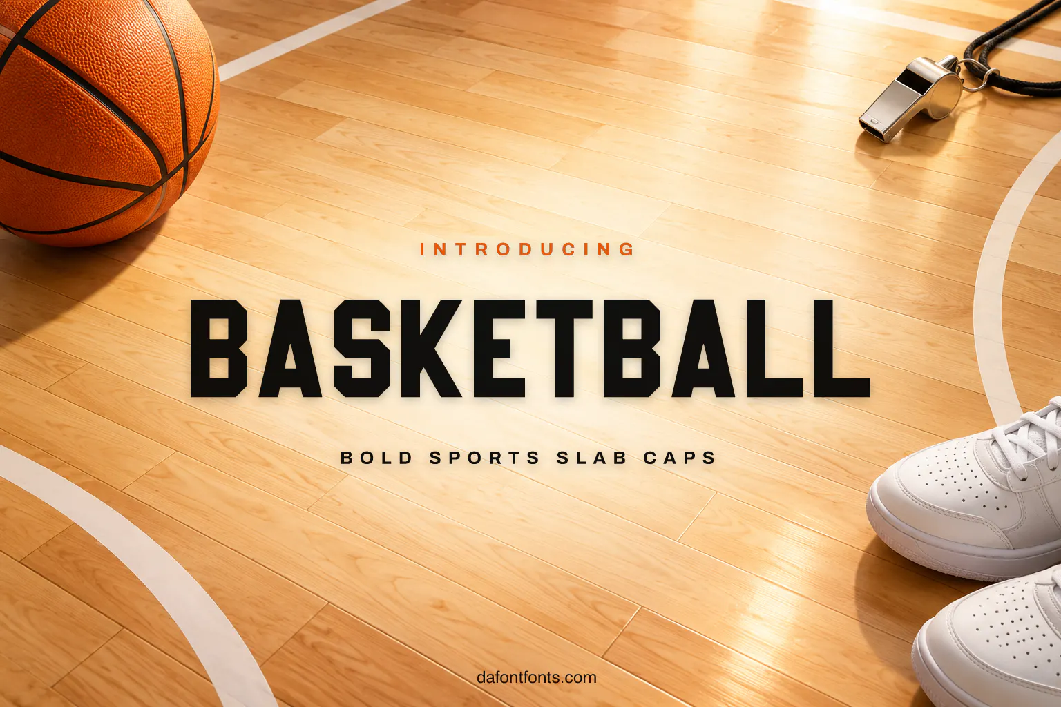 Basketball font poster: black slab caps on a basketball court background