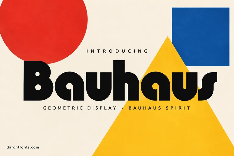Bauhaus font poster: black rounded Bauhaus letters with red, yellow and blue shapes
