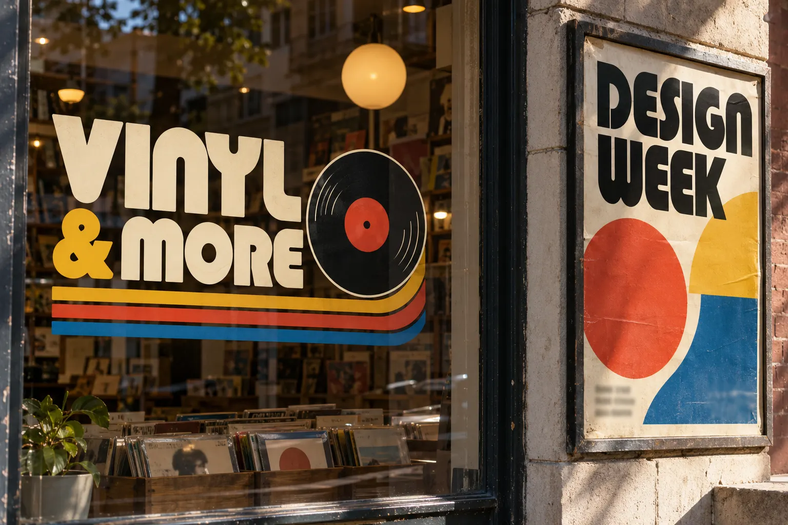 Bauhaus style lettering on a record store sign and a design week poster