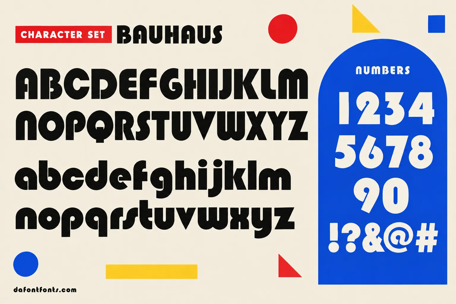Bauhaus style character set: uppercase and lowercase alphabet, numbers and symbols