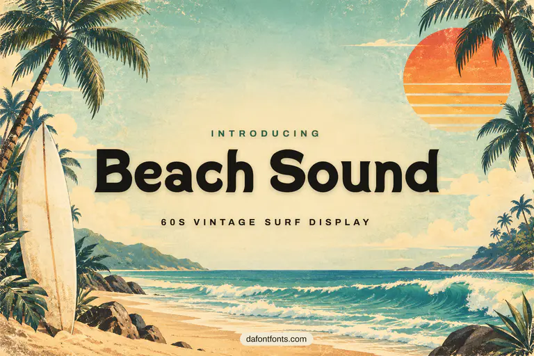 Beach Sound font poster: retro display letters with a surfboard, palm trees and waves