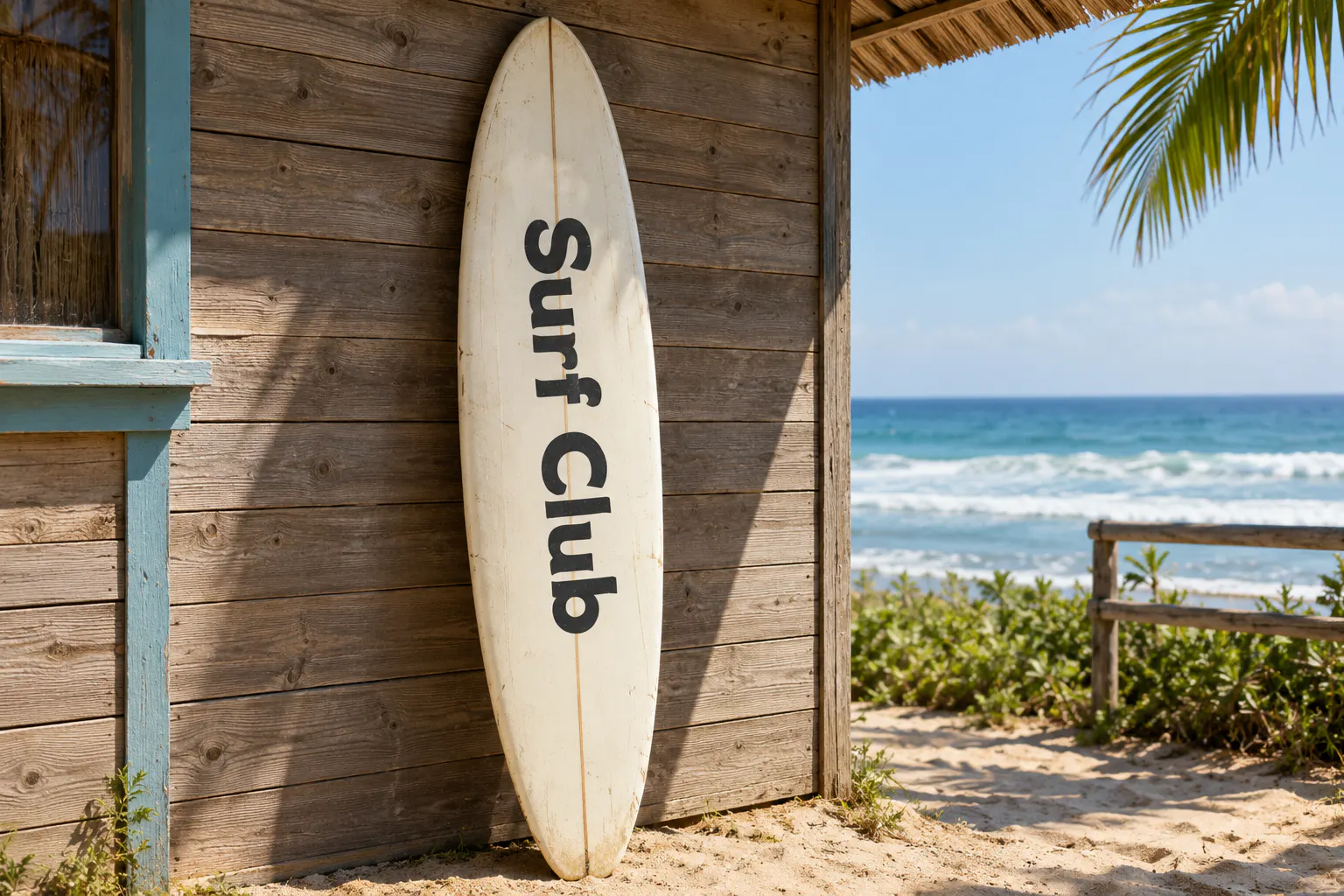 Beach Sound font on a vintage surfboard reading Surf Club