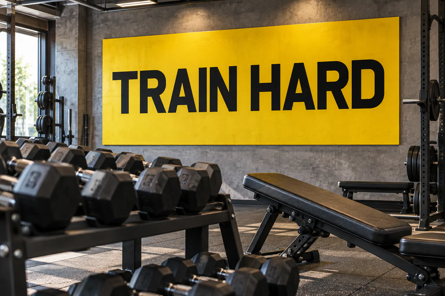 Begal font on a gym poster reading TRAIN HARD