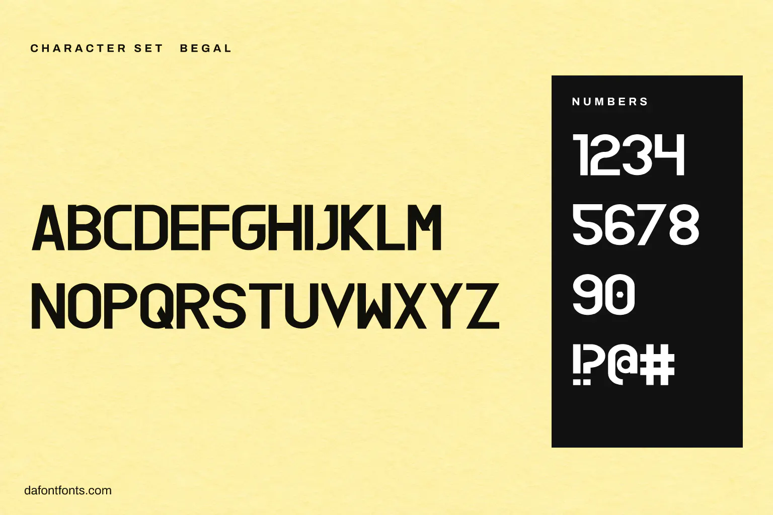 Begal character set: capitals, numbers and symbols (lowercase keys type capitals)