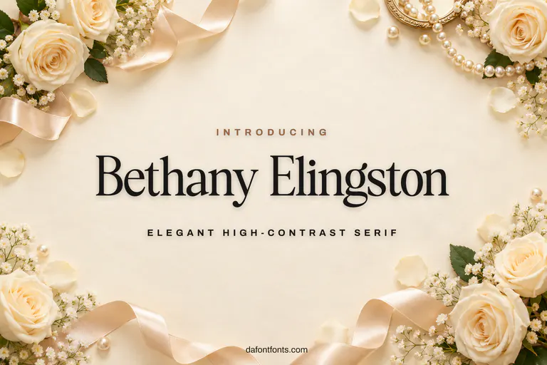 Bethany Elingston font poster: elegant serif on ivory with cream roses and pearls