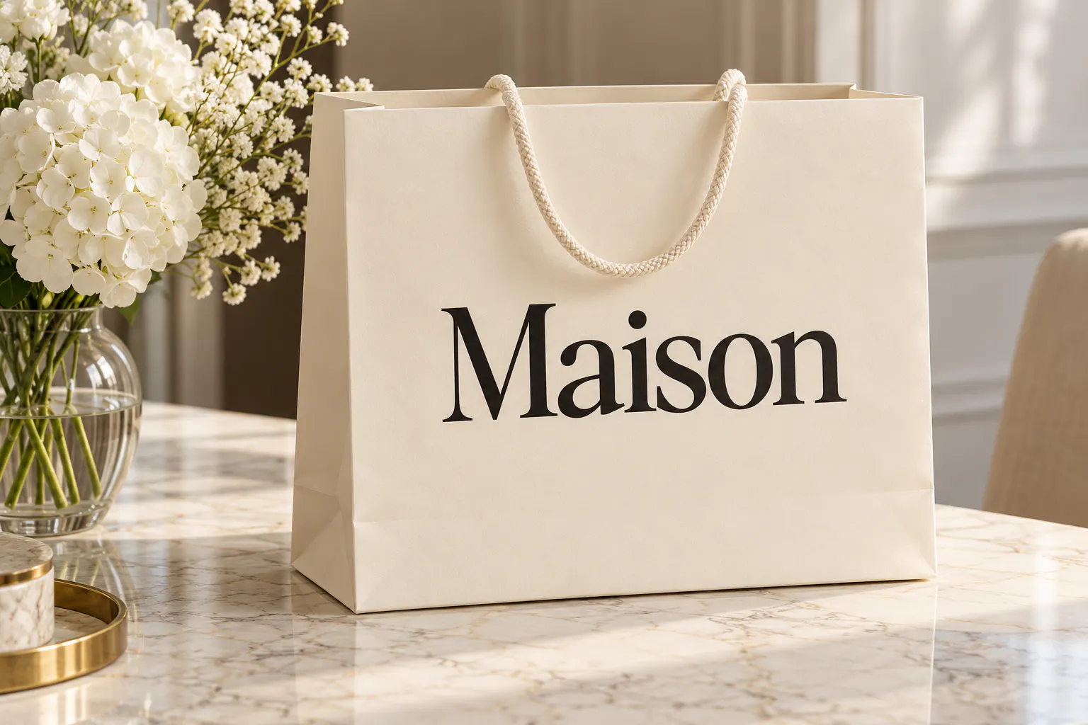 Bethany Elingston font on a shopping bag reading Maison