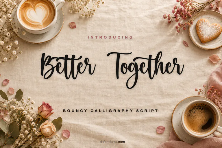 Better Together font poster: black calligraphy on a blush background with coffee cups and flowers