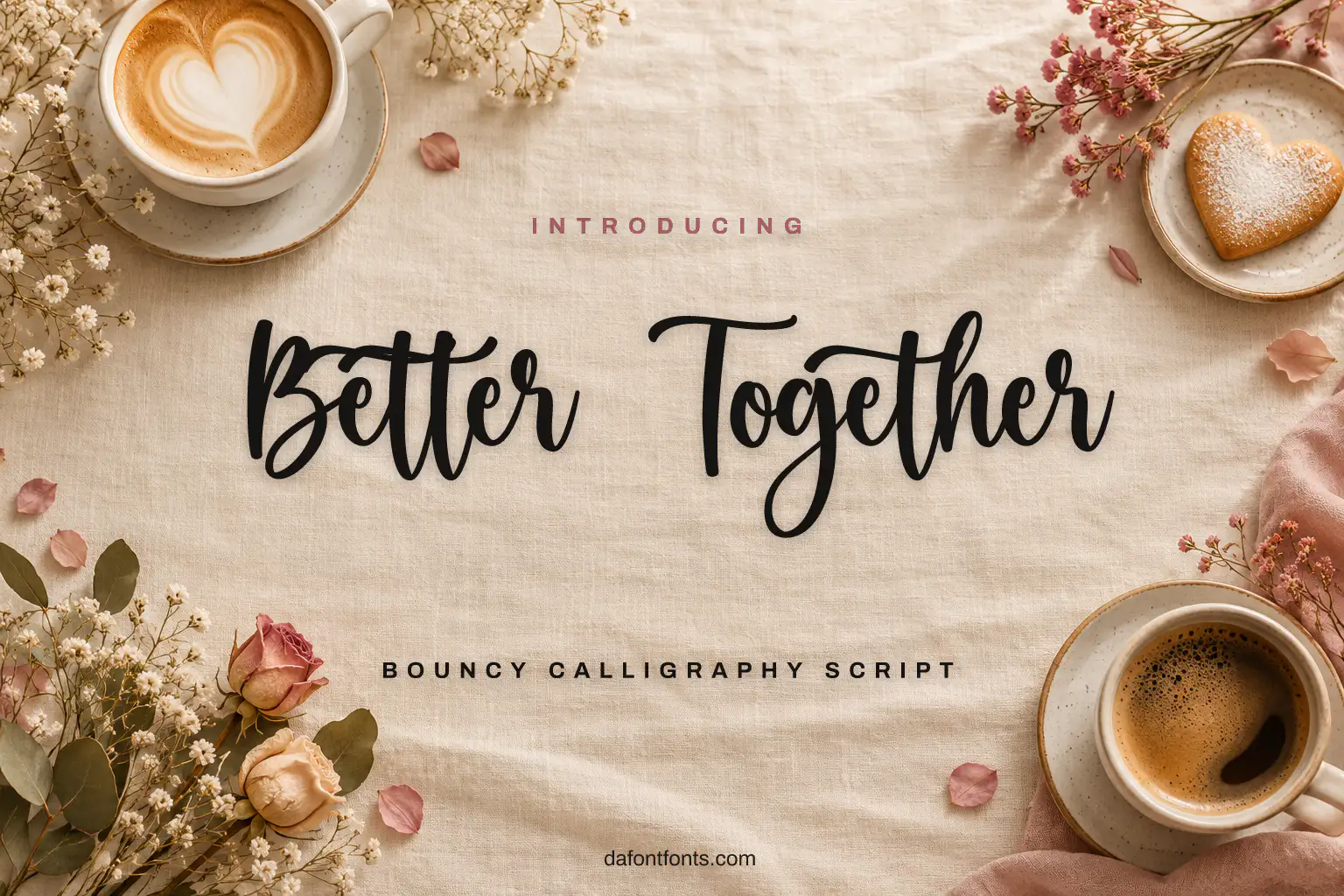 Better Together font poster: black calligraphy on a blush background with coffee cups and flowers
