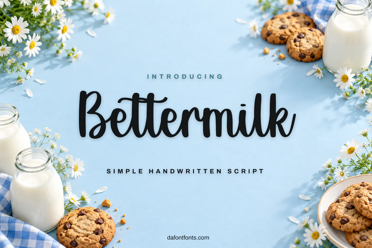 Bettermilk font poster: black handwritten script on a fresh dairy background