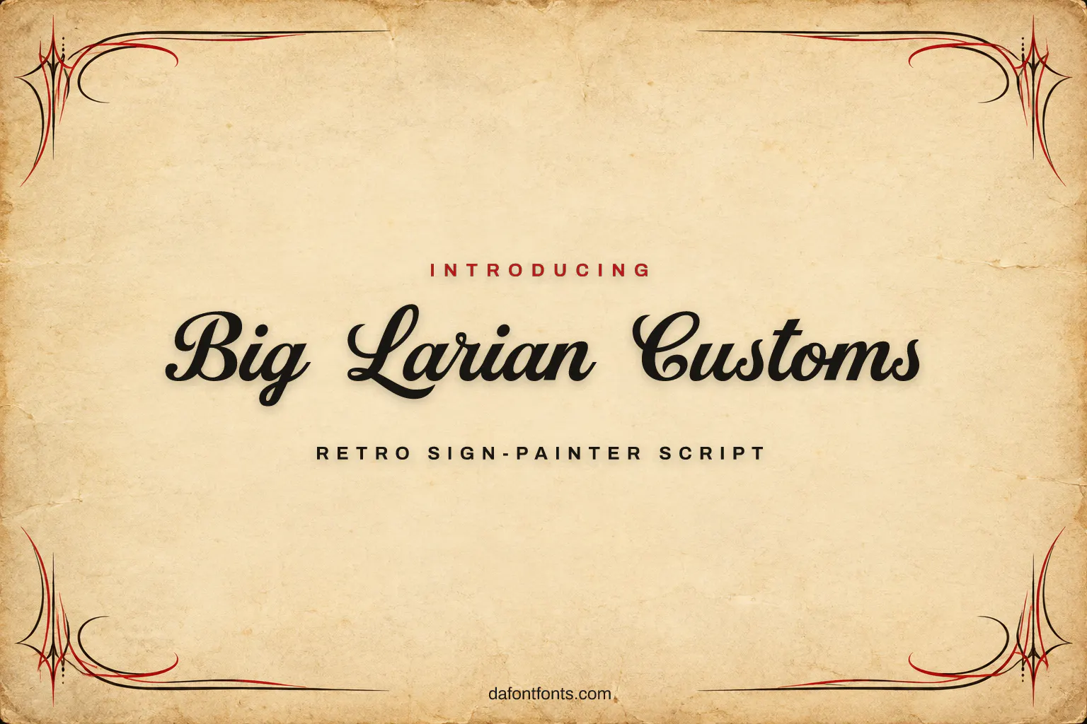 Big Larian Customs font poster: black retro script on a cream background with red pinstripes