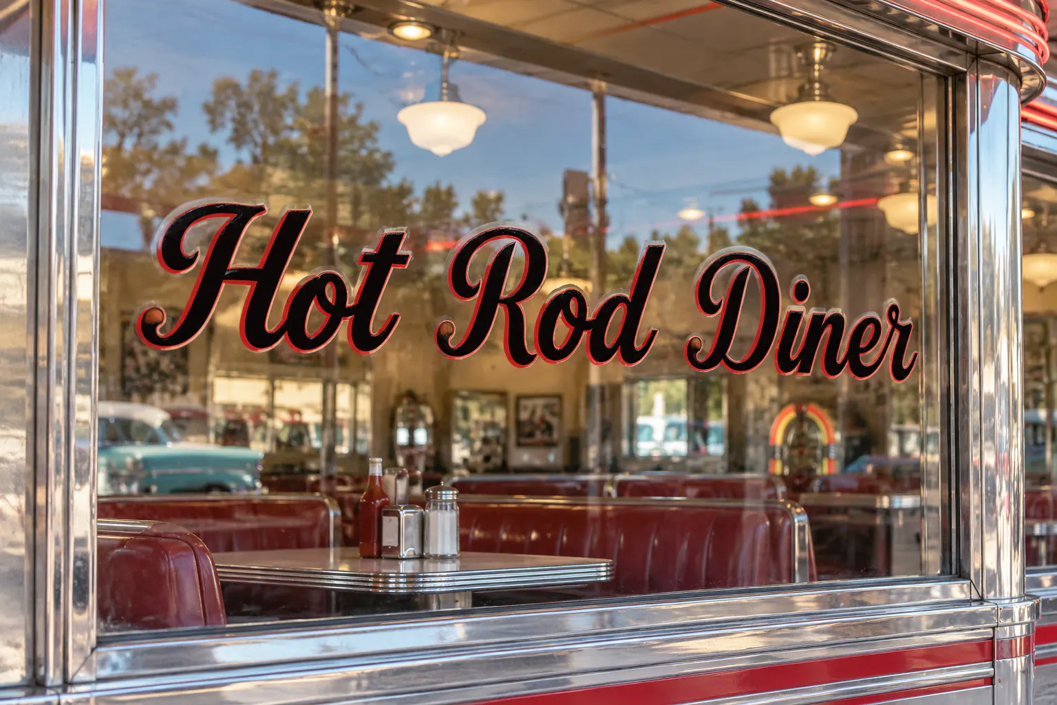 Big Larian Customs font on a vintage diner window reading Hot Rod Diner