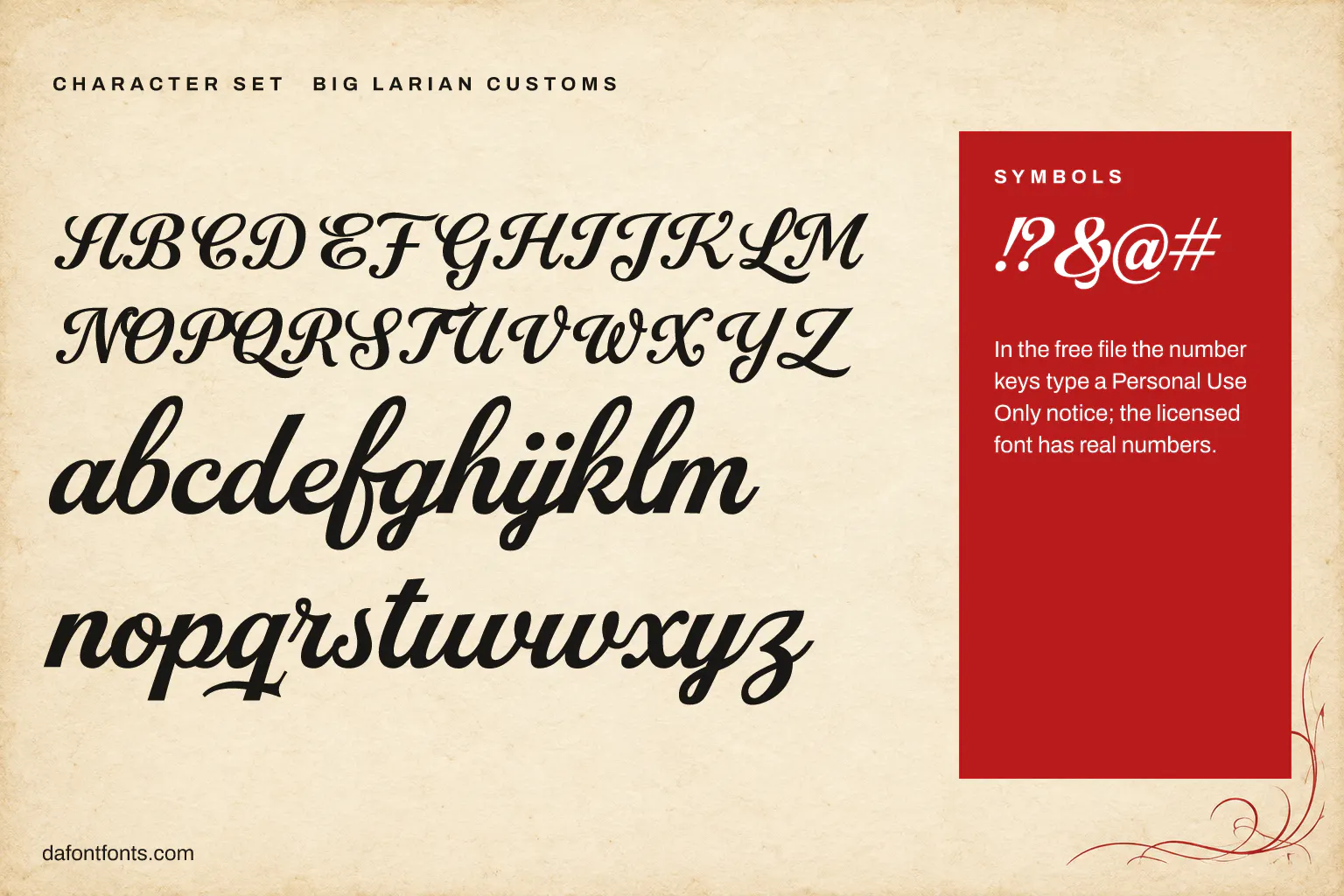 Big Larian Customs character set: capitals, lowercase and symbols (in the free file the number keys type a notice)