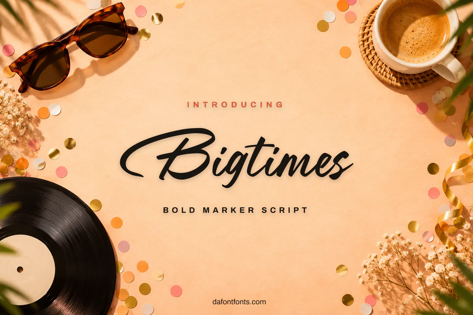 Bigtimes font poster: marker script on peach with sunglasses and a vinyl record