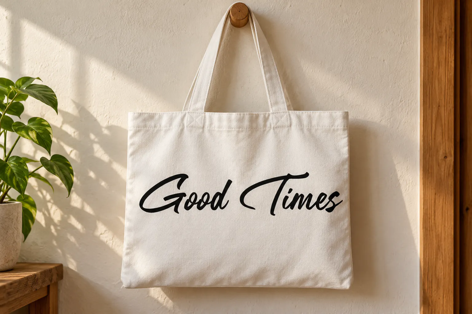 Bigtimes font on a canvas tote bag reading Good Times