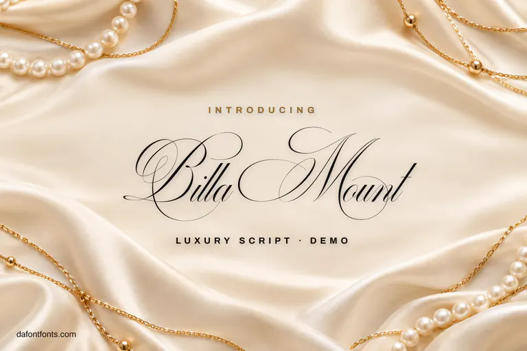 Billa Mount font poster: black calligraphy on a soft cream background with gold accents