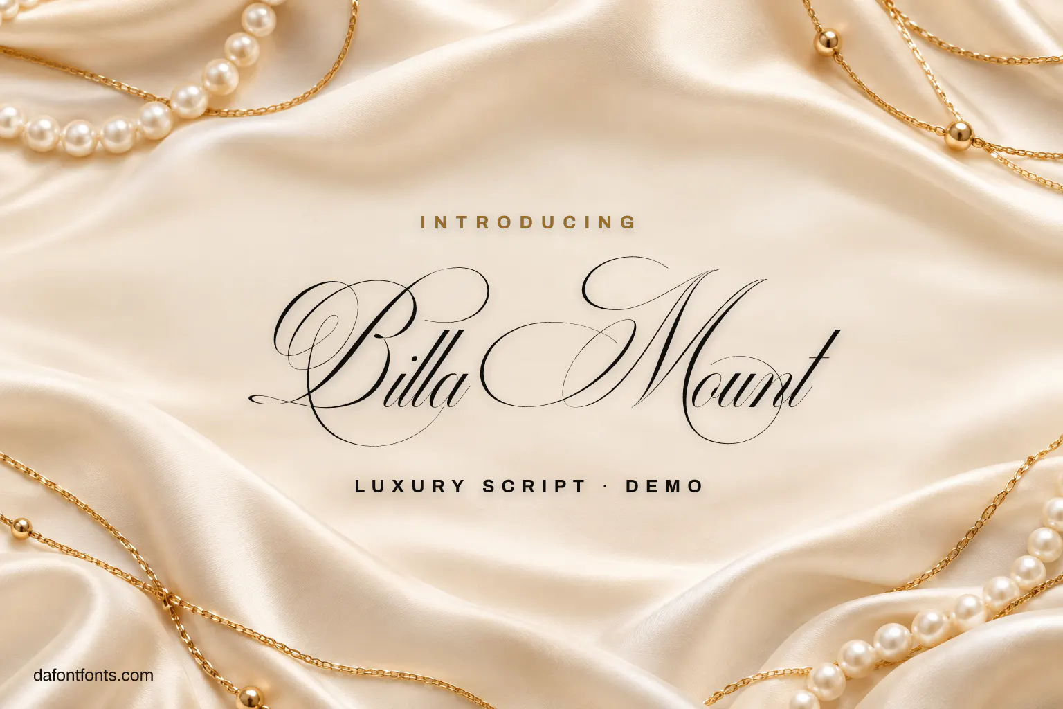 Billa Mount font poster: black calligraphy on a soft cream background with gold accents