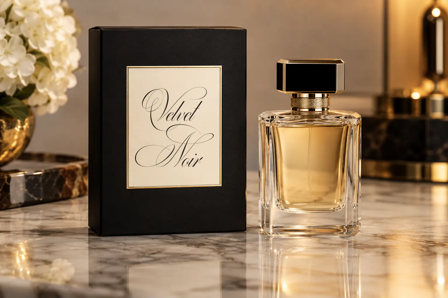 Billa Mount font on a perfume box reading Velvet Noir