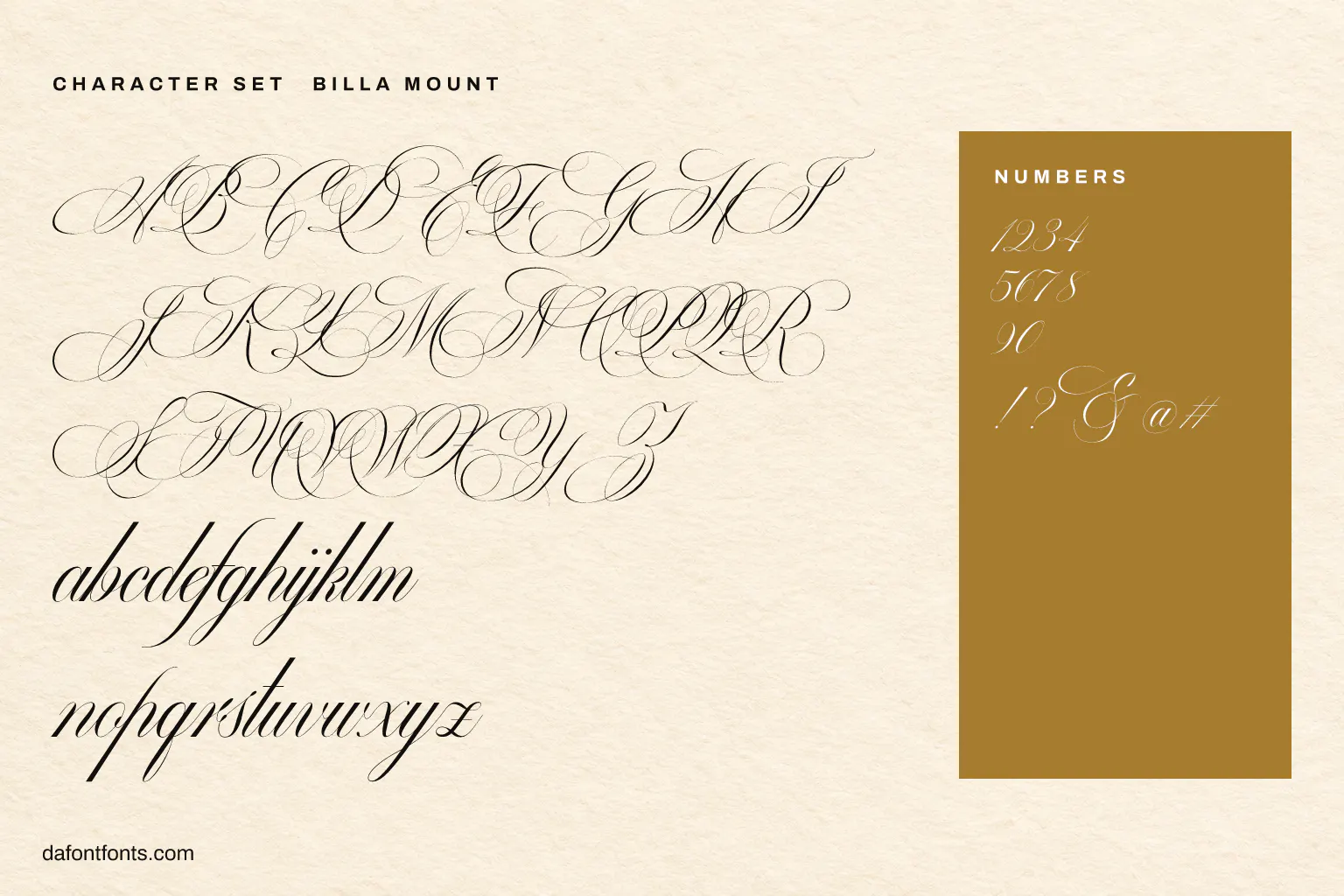 Billa Mount character set: alphabet, numbers and symbols