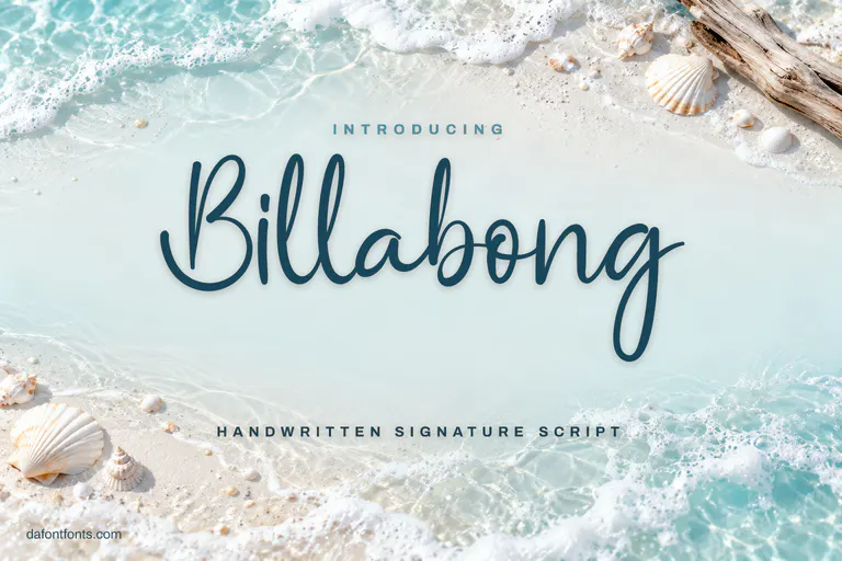 Billabong font poster: teal handwriting on aqua white with seashells