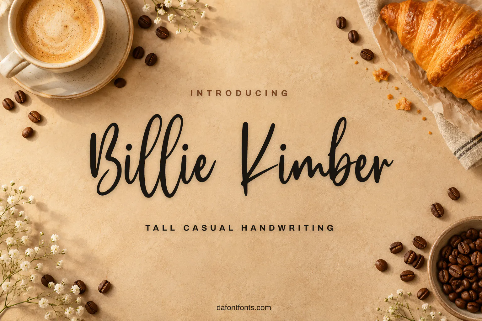Billie Kimber font poster: black handwriting on a warm sand background with a coffee cup