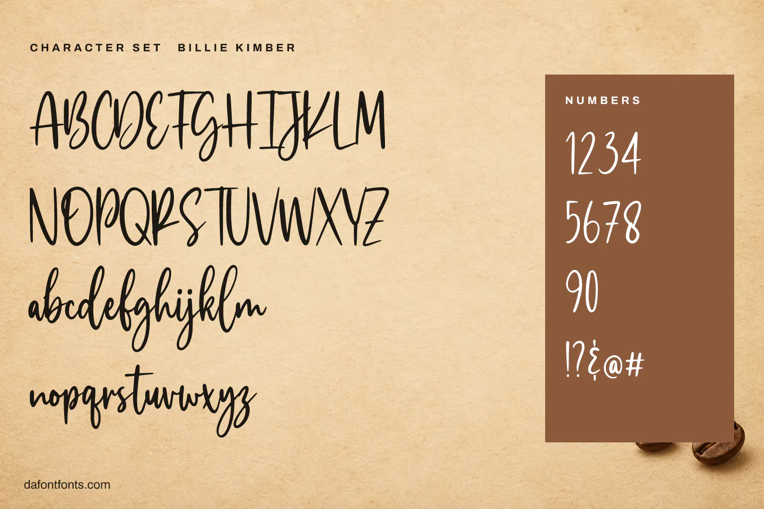 Billie Kimber character set: alphabet, numbers and symbols