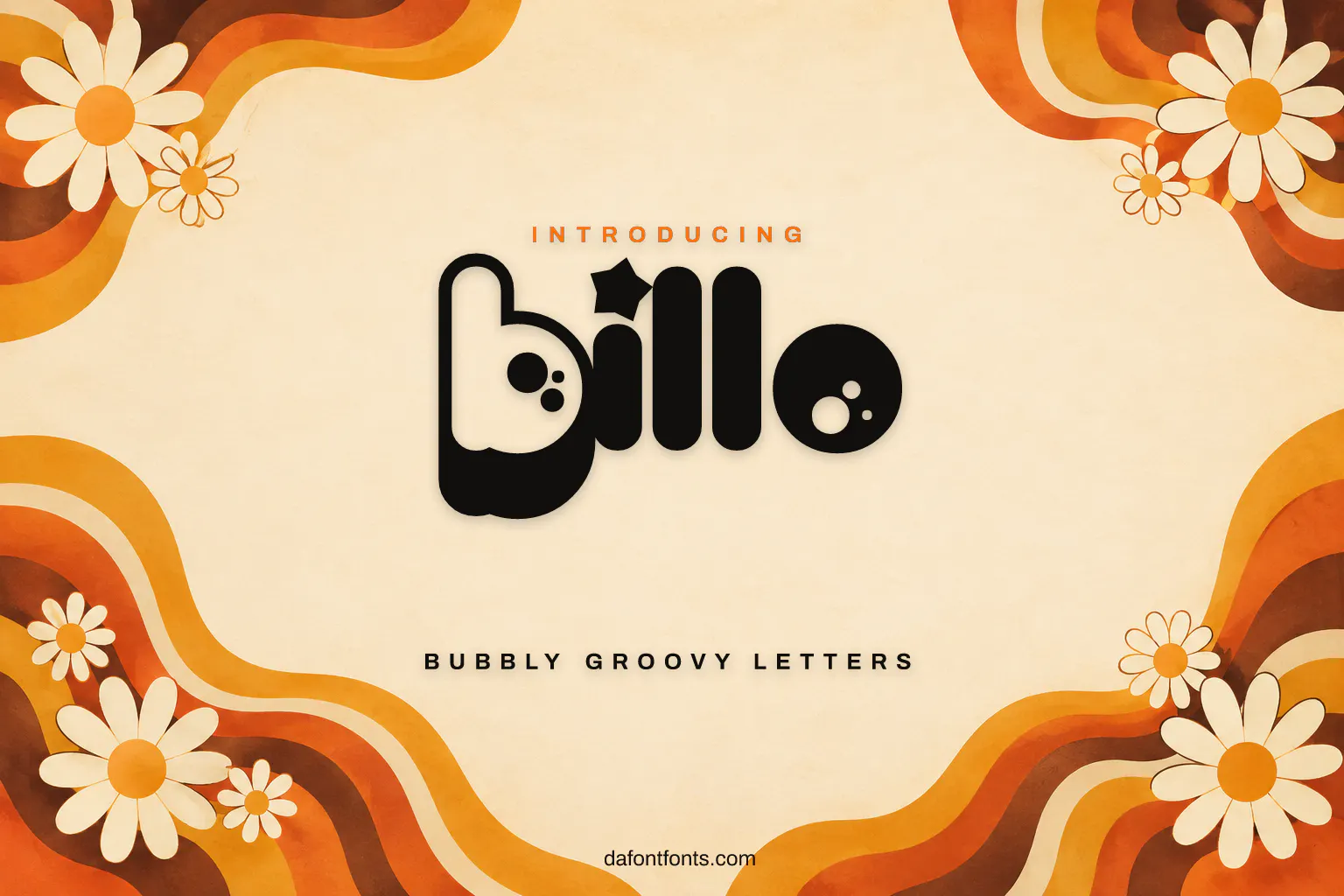 Billo font poster: bubbly letters on cream with retro wavy stripes