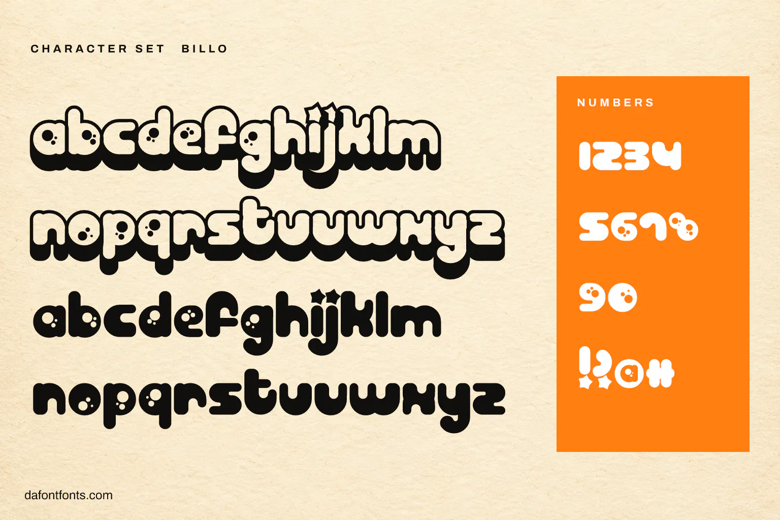 Billo character set: alphabet, numbers and symbols