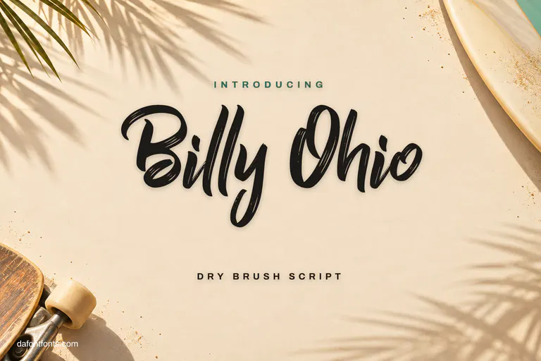 Billy Ohio font poster: black dry-brush script on sandy beige with palm shadows