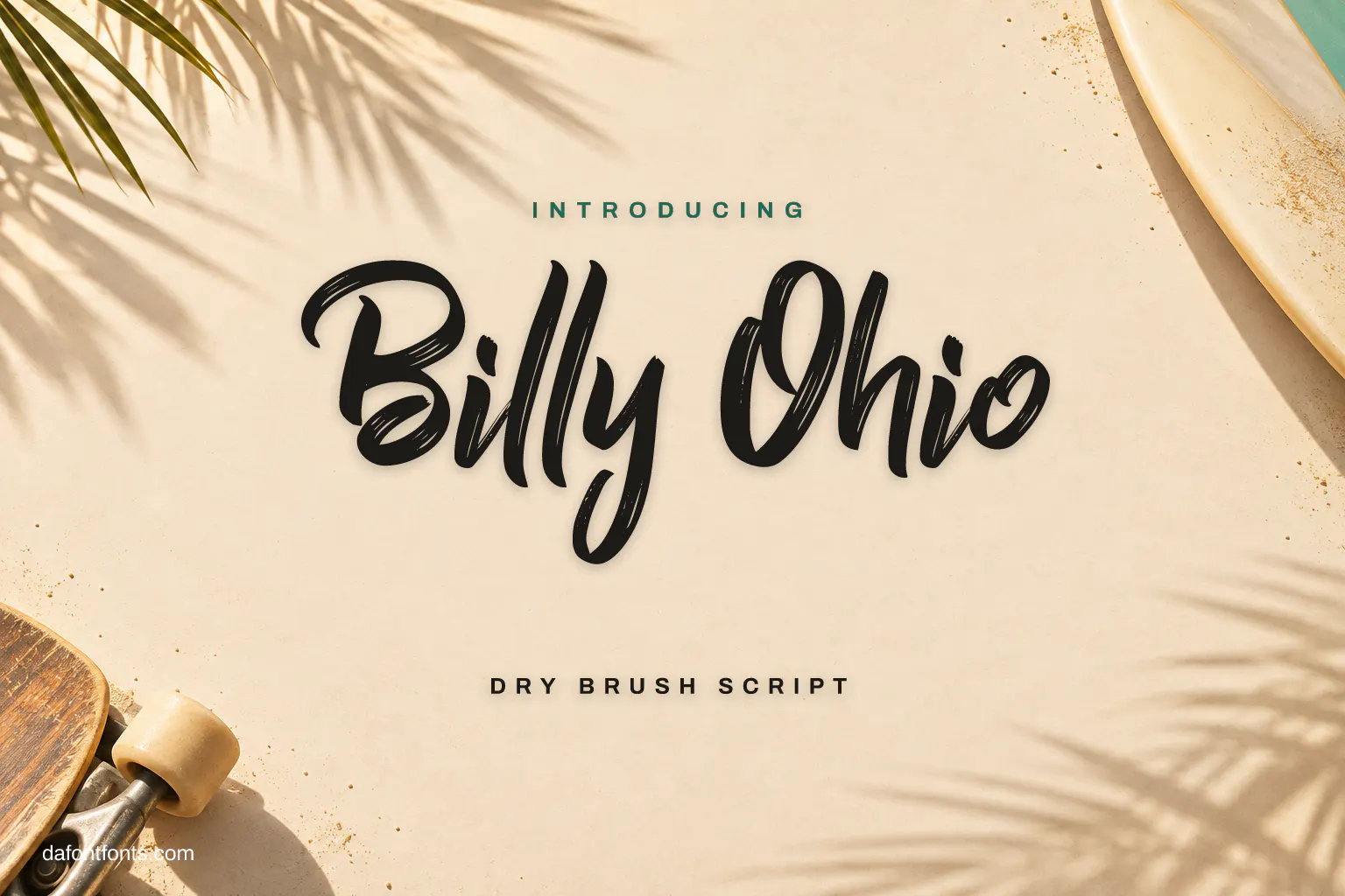 Billy Ohio font poster: black dry-brush script on sandy beige with palm shadows