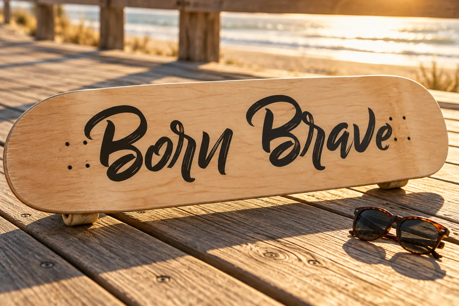 Billy Ohio font on a skateboard deck reading Born Brave