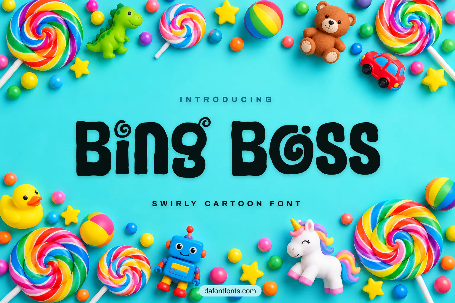 Bing Boss font poster: bold black letters on a bright aqua background with candy swirls