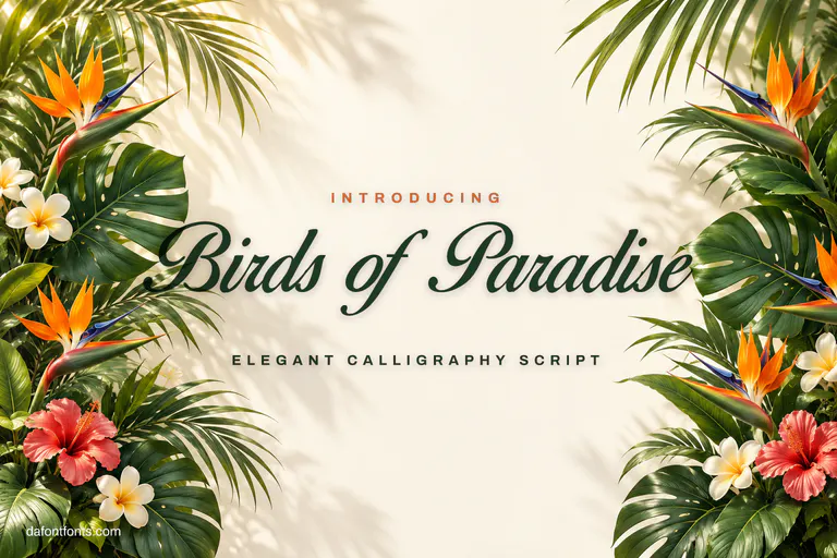 Birds of Paradise font poster: calligraphy on ivory paper framed by tropical flowers