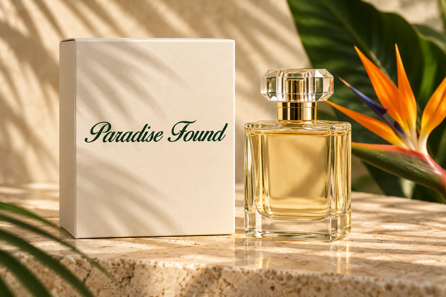 Birds of Paradise font on a perfume box reading Paradise Found