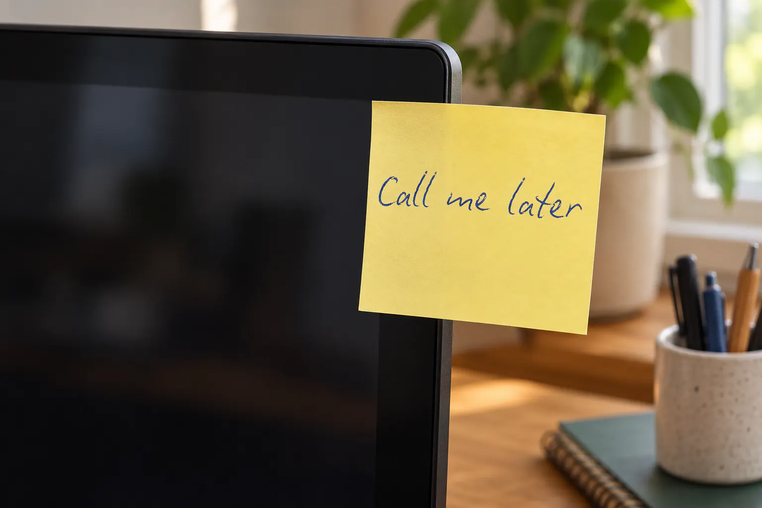 Biro Script font on a sticky note reading Call me later