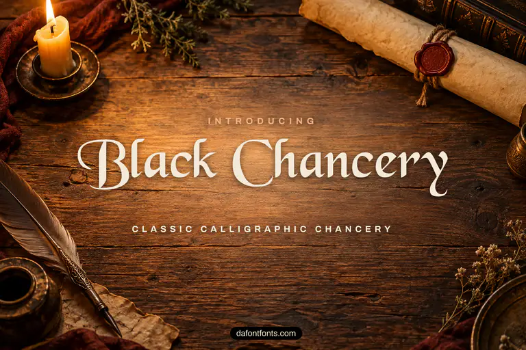 Black Chancery font poster: black calligraphy on a medieval parchment background