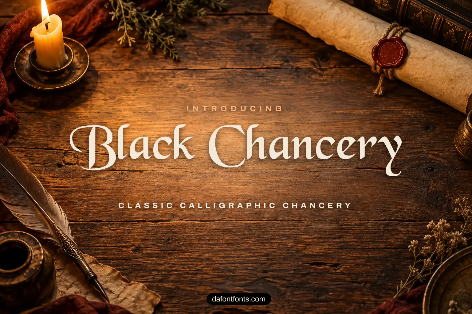 Black Chancery font poster: black calligraphy on a medieval parchment background
