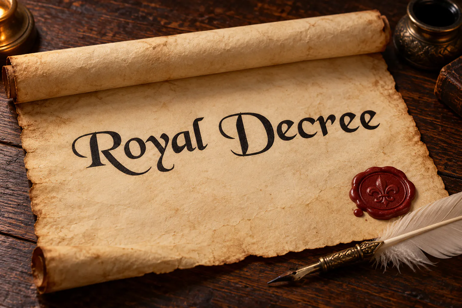 Black Chancery font on a parchment scroll reading Royal Decree