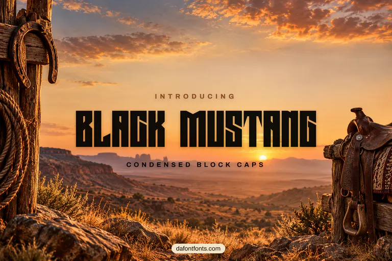 Black Mustang font poster: black condensed block caps on a desert sunset background