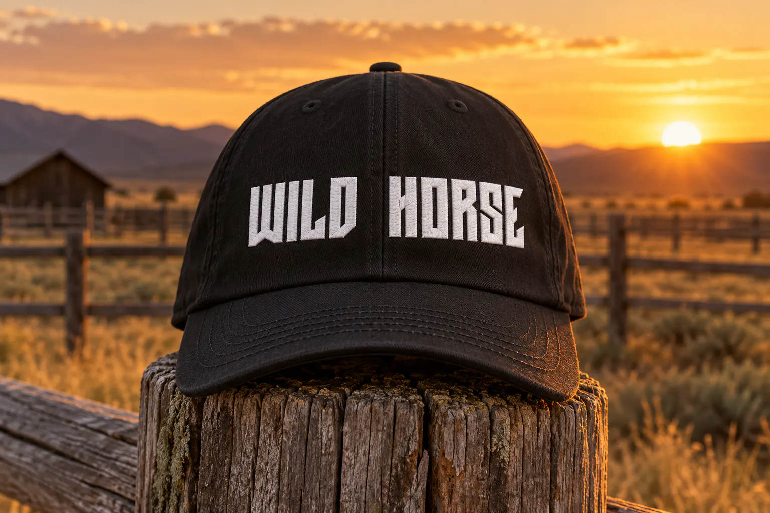Black Mustang font on a black cap reading WILD HORSE