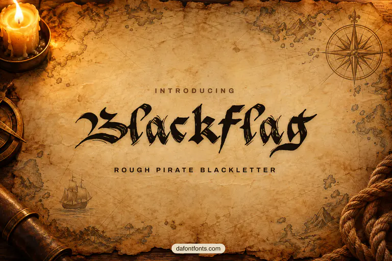 Blackflag font poster: rough dark blackletter on an aged sea map background