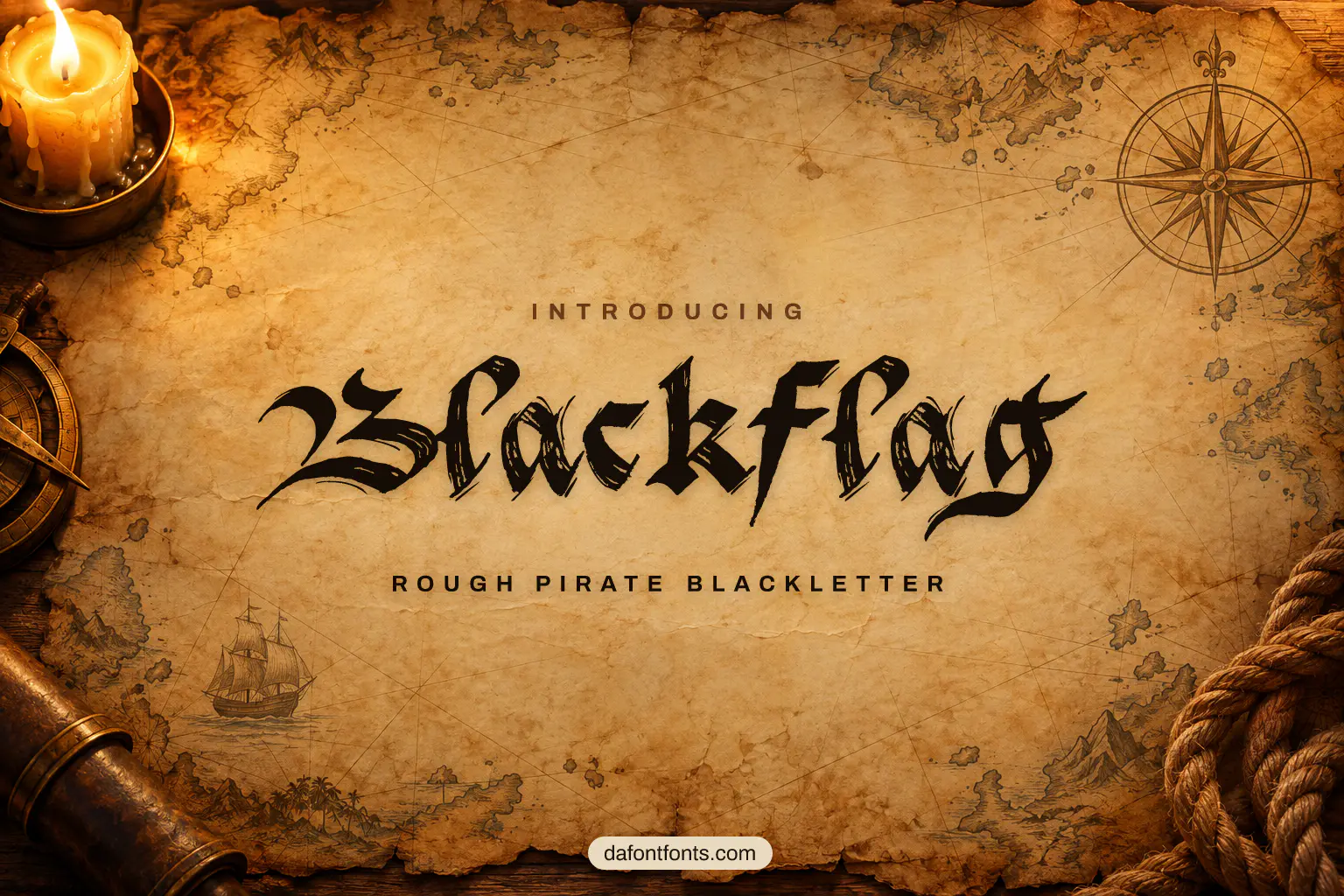 Blackflag font poster: rough dark blackletter on an aged sea map background