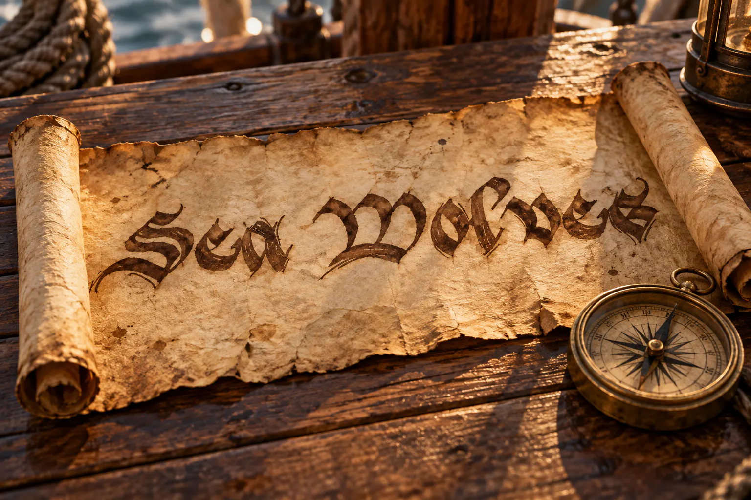 Blackflag font on a parchment scroll reading Sea Wolves