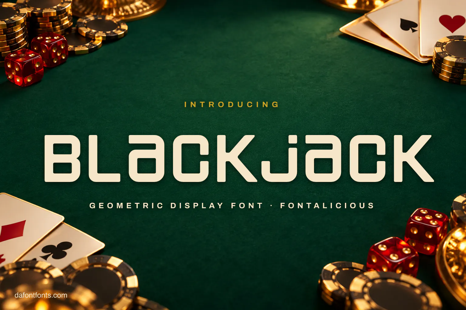 Blackjack font poster: cream geometric letters on green casino felt with chips